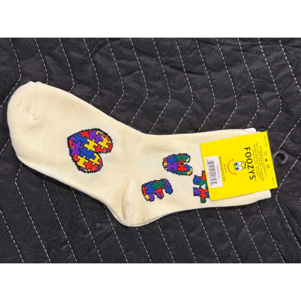 Foozys Puzzle Piece Heart Elephant Socks Women 9-11‎ Cream NWT Autism Awareness - Picture 2 of 3